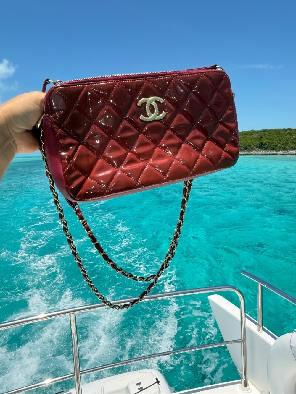 Chanel Quilted Patent Double Zip Camera Bag in Burgundy Pre-Owned